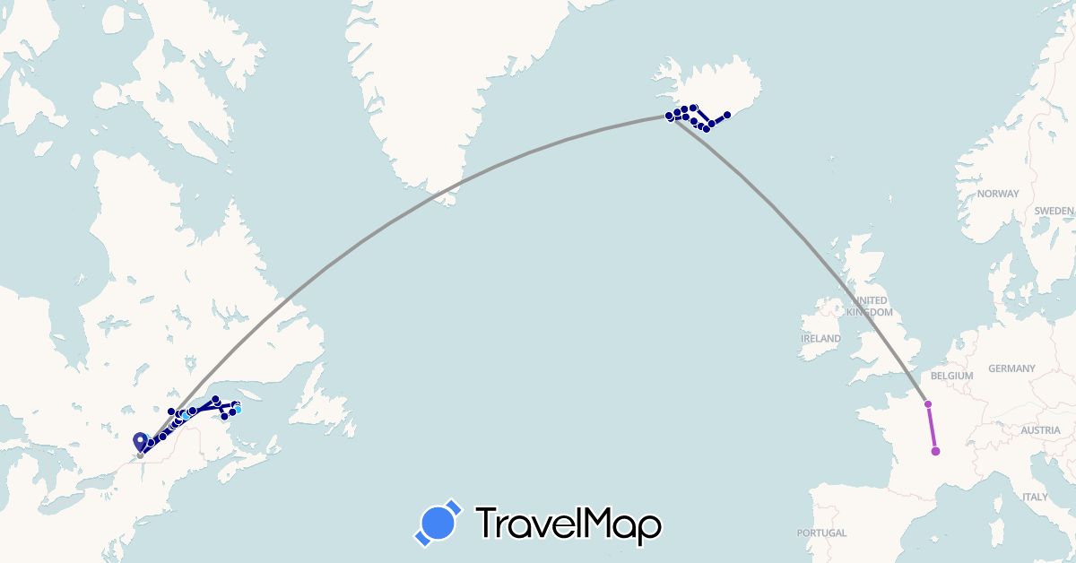TravelMap itinerary: driving, plane, train, boat in Canada, France, Iceland (Europe, North America)